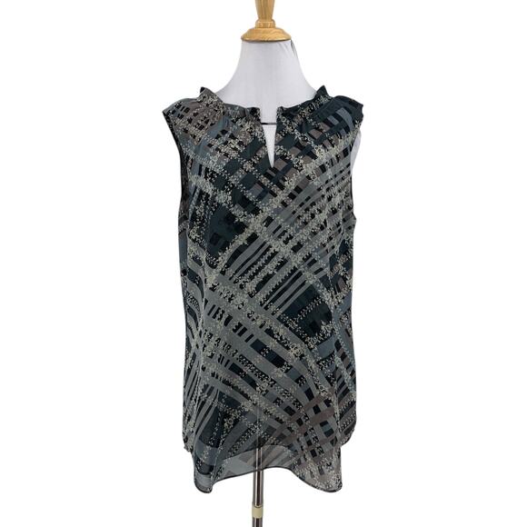 Cabi Top Womens M Medium Plaid Floral Graphic Trellis Ruffled Collar Keyhole Tie - Picture 1 of 13